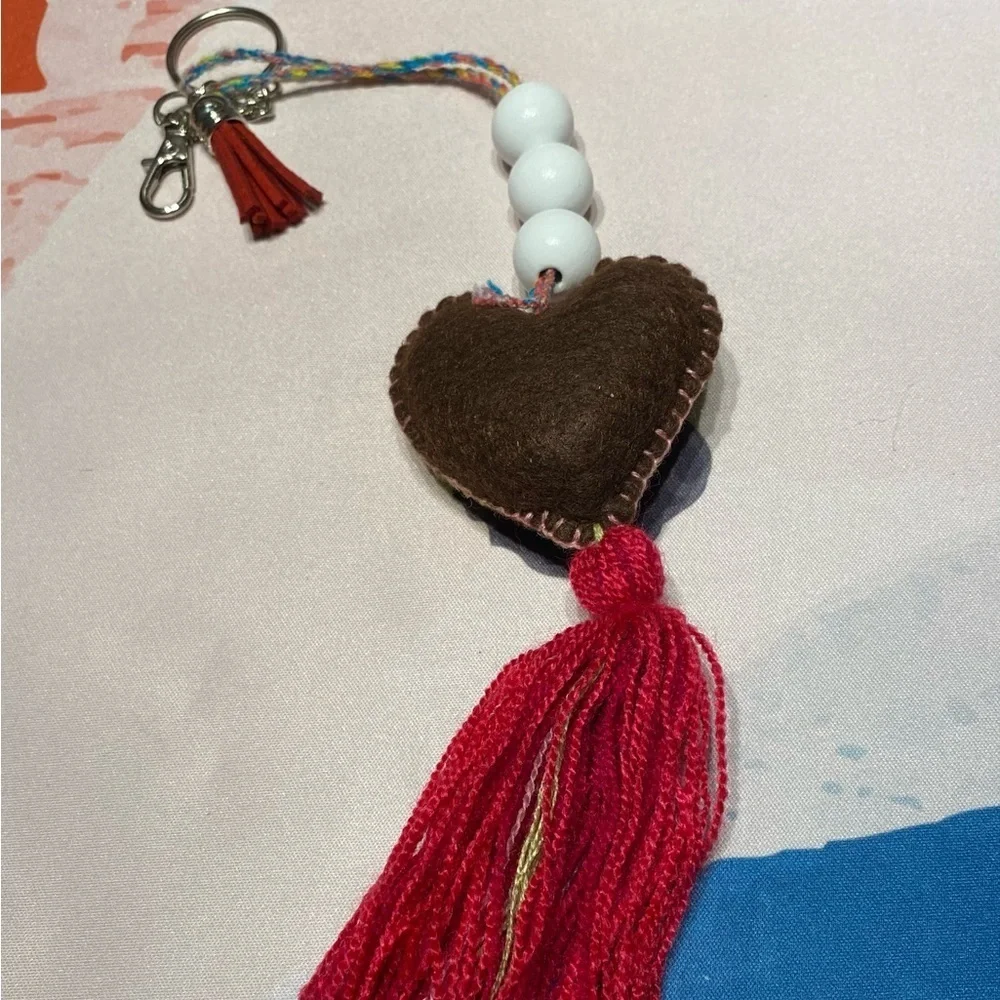 Handmade Embroidered Floral Heart & Tassel Keychain Charm